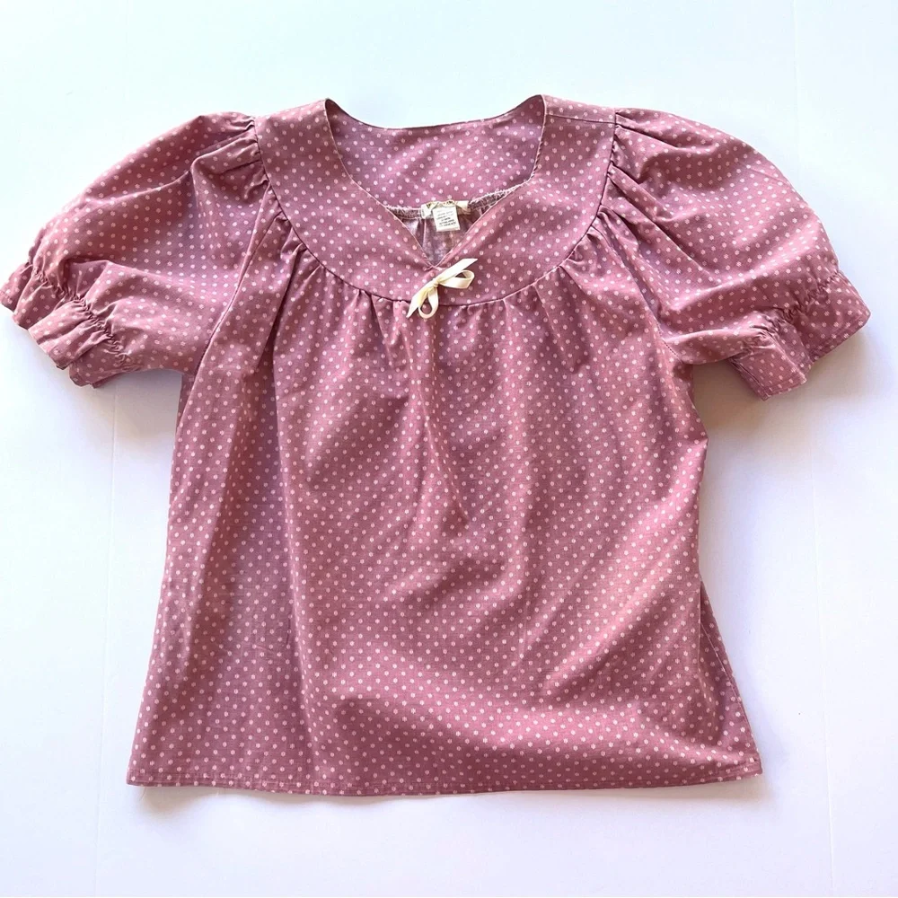 Vintage Pink Polka Dot Peasant Blouse Large Bow Detail Puff Sleeves 100% Cotton - Picture 8 of 9